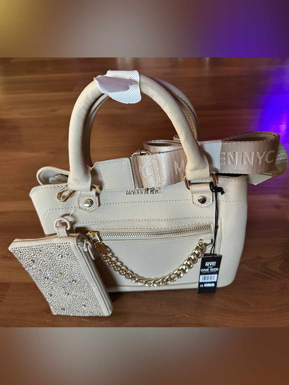 Chic Cream Satchel with Gold Chain Accent